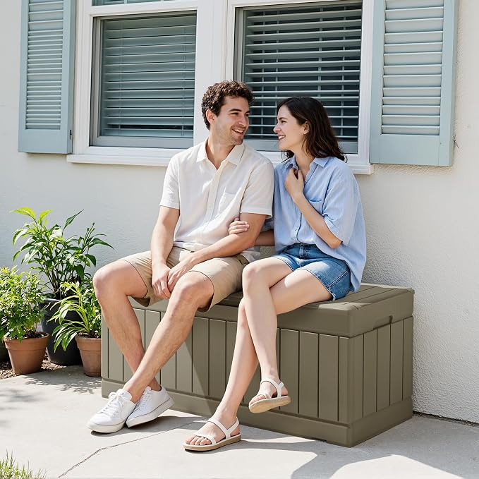 Devoko 78 Gallon Deck Box, Waterproof Resin Outdoor Storage Box | Outdoor Storage Bench Lockable for Outside and Patio Furniture, Garden Tools and Pool Supplies