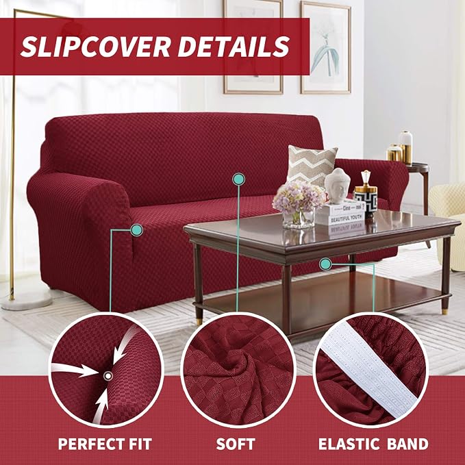 YEMYHOM Couch Cover Latest Jacquard Design High Stretch Sofa Chair Covers for Living Room, Pet Dog Cat Proof Armchair Slipcover Non Slip Magic Elastic Furniture Protector (Small, Christmas Wine Red)