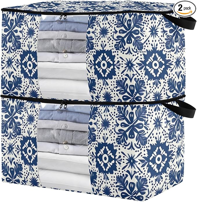 Generic Blue Mexican Talaveras Clothes Storage Bag Bins 2 Pack Foldable Storage Containers Large Closet Organizer with Zipper Storage Cubes for Comforters Clothing Pillows 95L