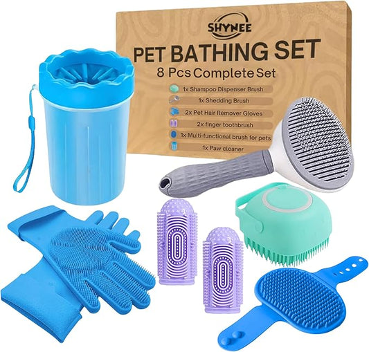 SHYNEE 8PCs Dog Grooming Kit - Dog Shampoo Brush | Washing Gloves | Adjustable Dog Bath Brush | Dog Paw Cleaner | 2X Toothbrush | Scrubber with Handle for Bath & Massage - A Complete Pet Grooming Kit