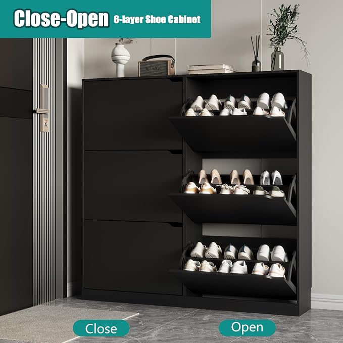 Xixini Shoe Storage Cabinet for Entryway with 6 Flip Drawers, Sturdy Wood Hidden Shoe Storage, Freestanding Narrow Slim Shoe Organizer for Front Door Entrance, Living Room, Hallway, Bedroom, Black