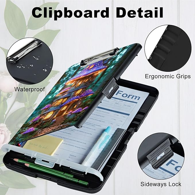 A4 Clipboard with Storage Pen Holder, Clipboards Organizer Nursing Clipboard Foldable File Folder Plastic Clipboard Folio Clip Board for Office Work Classroom Doctor, Purple Mushroom Castle