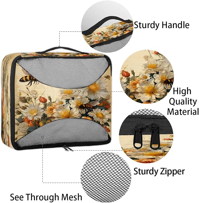 Spring Summer Flower Packing Cubes for Travel, Luggage Packing Organizers, Bee Travel Accessories Large Toiletries Bag for Clothes Shoes Cosmetics Toiletries