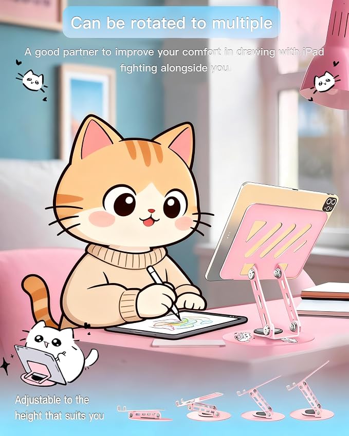 Upgraded 360°Rotating Tablet Stand with Foldable Base - Cute Cat Pattern,Universal for 7-13" Devices (iPad,iPhone,Tablet,Phone) - Ideal for Desk Work,Office,Travel,Home & Painting