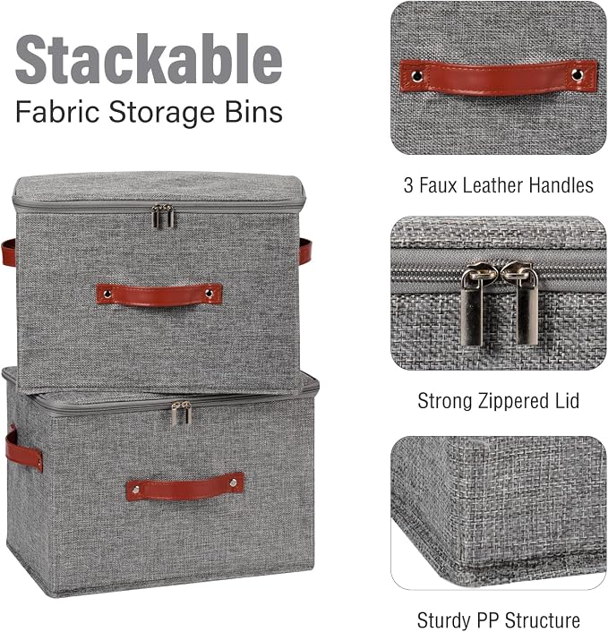 Storage Bin Box with Zippered Lid Decorative Collapsible Basket | Cotton Linen Fabric, Washable Foldable Stackable Clothes Container, Closet Shelf Organizer w/ PU Leather Handles, Gray-Large