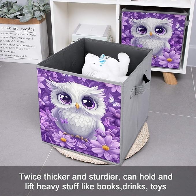 Owl & Floral Foldable Storage Bins, 10.6" Cube Storage Organizer, Sturdy Oxford Cloth Fabric Baskets for Closet, Shelf, Nursery, Bedroom, Decorative Printed Box for Toys & Clothes
