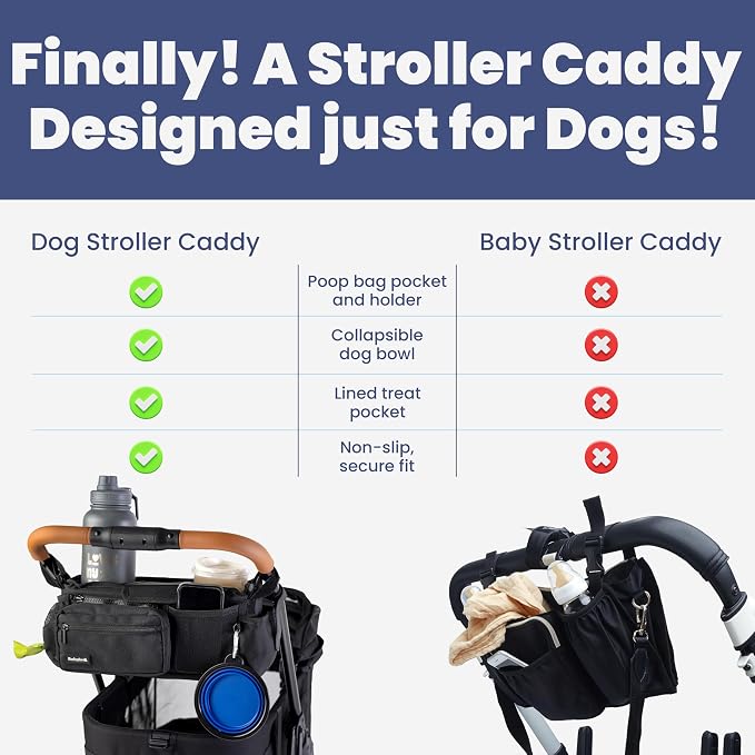 Dog Stroller Caddy Organizer with 2 Insulated Cup Holders & Treat Pocket | Poop Bag Dispenser, Treat Pocket, Collapsible Water Bowl, Zip-Off Wallet, Non-Slip Fit for 14-19" Handlebars, Black