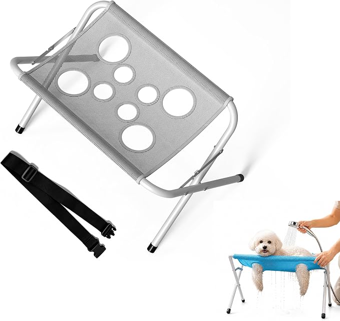 Pet Grooming Hammock for Dogs with Stand, Foldable Metal Frame and Breathable 8-Hole Mesh Restraint, Portable Bathing, Nail Trimming and Ear Cleaning Station for Small Dogs and Cats，Gray