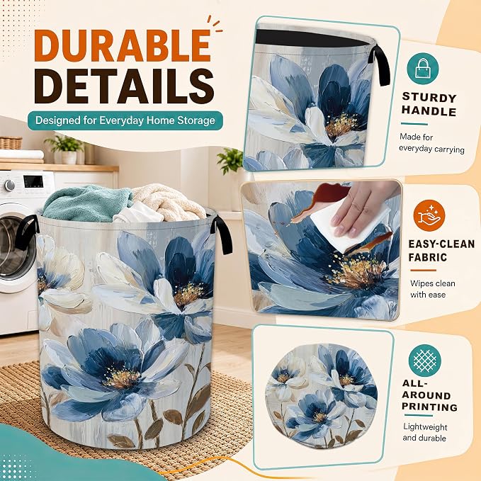 Blue Flower Laundry Basket,Flower on Marble Foldable Oxford Laundry Hamper with Handles,Collapsible Clothes Storage Basket for Bedroom,Bathroom,or Laundry Room,20.8 x 16 Inches