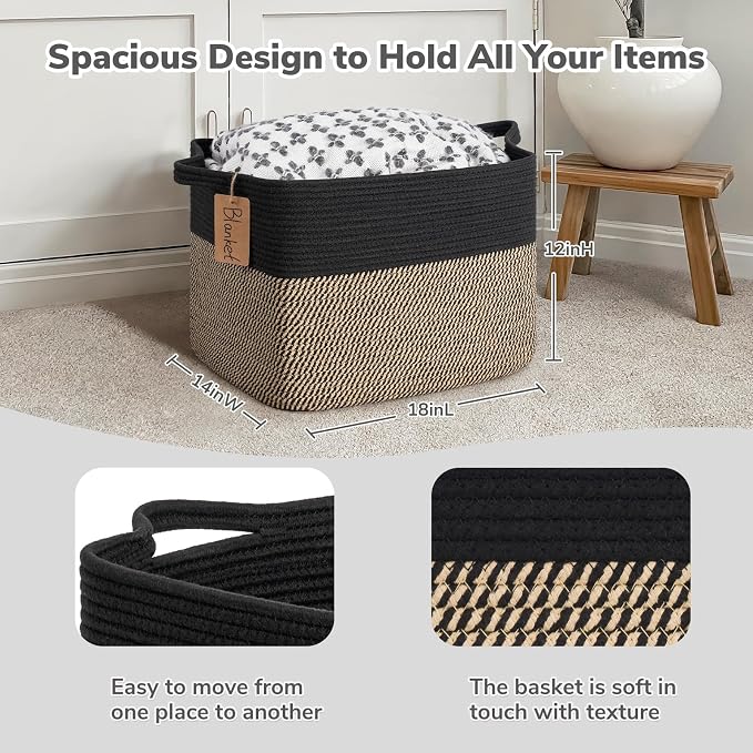 Goodpick 50L Large Woven Storage Basket for Organizing, Black & Jute | 18" × 14" × 12" Stylish Gift Basket for Living Room & Bedroom Organization, Wicker Baskets for Shoes & Toys Storage