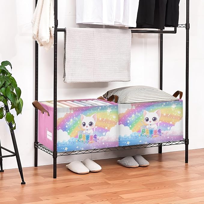 Cute White Cat Rainbow Colorful Baby Storage Basket with Labels&Handles Rectangular Nursery Storage Bins Collapsible Shelf Organizer Baskets for Kids Books Cloth Gift Basket Toys Laundry, 2 Pack