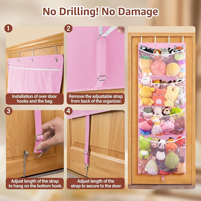 Over Door Stuffed Animal Storage, Hanging Plush Toy Organizer Holder | Behind Door Organizer with 4 Large Pockets, Mesh Hammock Bag for Doll & Bear Stuffies, Idea for Girl Boy Kid Nursery Closet