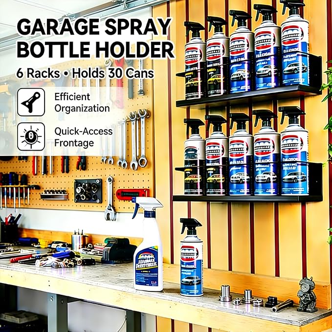 6 Pack Wall-Mounted Spray Bottle Holder, Heavy-Duty Steel Black Aerosol Can Storage Rack with 30 Holes, Spray Paint Can Organizer for Garage, Shop, Home, Tool Trailer & Service Truck
