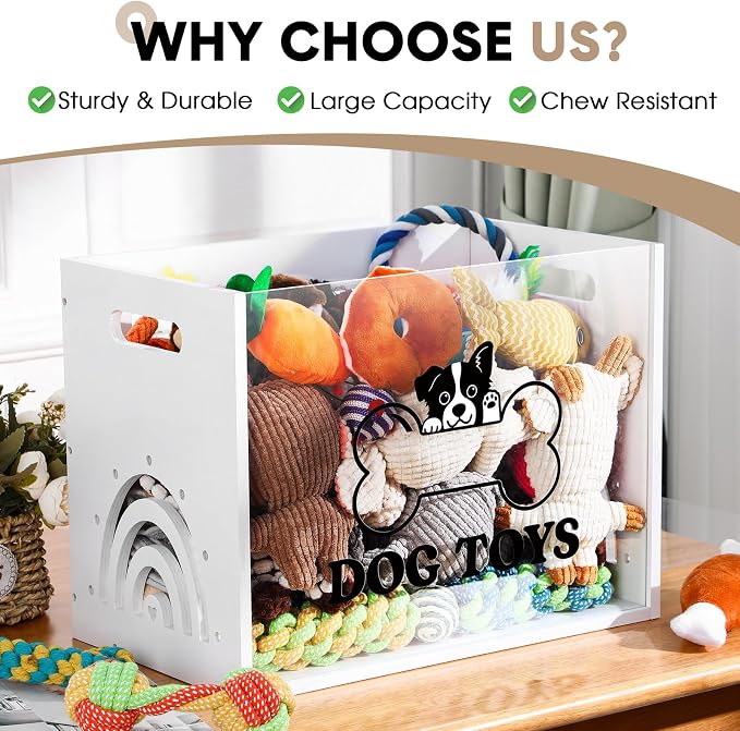 Dog Toy Box Large Wooden Dog Toy Chest with Handle Wooden Storage Bin with Acrylic Board Storage Box for Puppy Toys Pet Food and Accessories Organizer Holder Basket for Living Room Area(White, Dog)