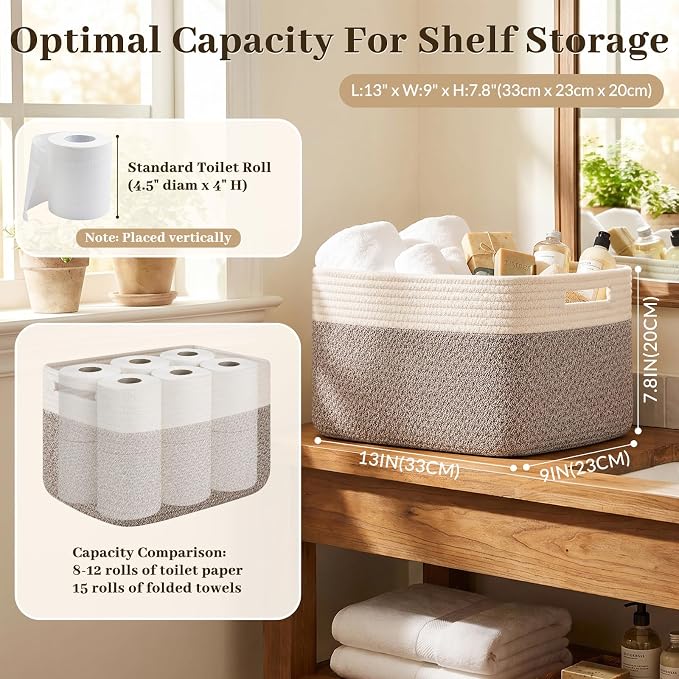 OIAHOMY 4 Pack Storage Basket, 13"x9"x7.8" Cotton Rope Baskets for Shelves, Closet Organizer for Bedroom & Living Room, Soft Decorative Bins for Organizing Towels, Books & Toys, Deep Brown & White