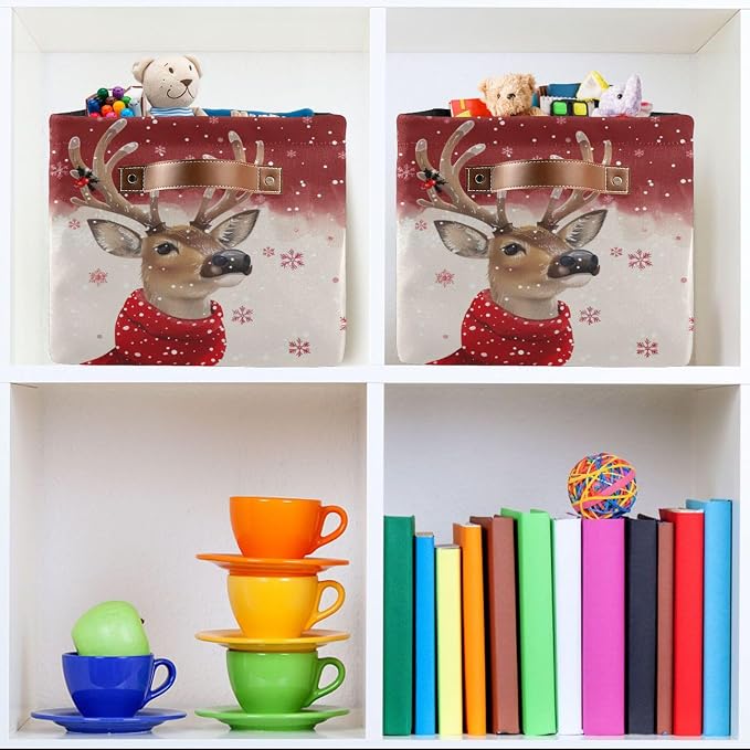 Wamika Christmas Reindeer Storage Basket with Waterproof Liner and PU Handles Winter Snowflake Red Storage Bins Boxes 14.2" Collapsible Decorative Organizer Baskets for Bedroom Closet Office 2 Pack