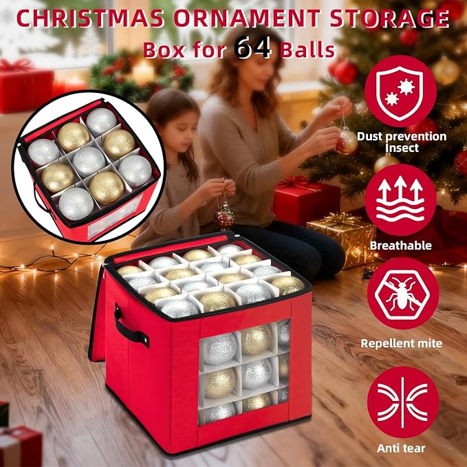 DIMESHY Christmas Ornament Storage Box Holds 64 Holiday Decorations,RED | Ornament Storage Container with Two Sturdy Carrying Handles,Adjustable Dividers,Holds Up to Christmas Ornaments by DIMESHY