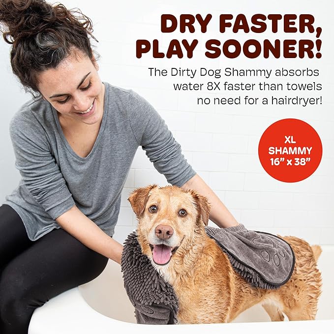 Dog Gone Smart The Dirty Dog Shammy - Fast Drying Plush Shammy Towel with Dual Hand Pockets and Elastic - Super Absorbent Polyamide Microfiber & Machine Washable - Grey, X-Large