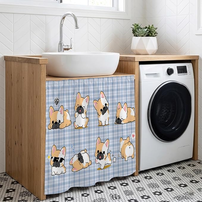 Cute Puppy Cabinet Dishwasher Hidden Curtains, Privacy Closet Door Curtain, Blue Purple Plaid Modern Funny Dogs Pet Adhesive Dust Proof Under Sink Skirt for Bathroom Kitchen 35"x35"