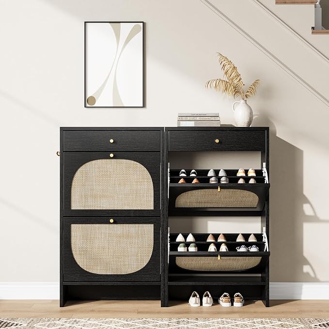 Shoe Cabinet for Entryway, Slim Shoe Rack with 2 Flip Drawers and Top Storage Drawer, Narrow Shoe Organizer with Printed Rattan-Look Design, Entryway Shoe Storage for Size 12+ Shoes, Black