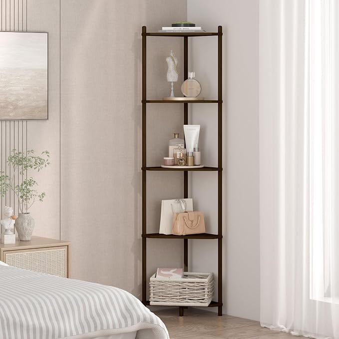Wisuce Brown Tall Corner Shelf Stand, 5-Tier Bamboo Corner Bookshelf | Space-Saving Narrow Corner Shelf | Bathroom Corner Shelf | Shelves for Bedroom, Living Room, Kitchen & Plant Display