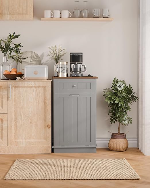 Betterhood Double Tilt Out Trash Cabinet with Power Outlet,Wooden Hidden Garbage Can Holder with a Big Storage Drawers for Kitchen, Living Room, Laundry, Grey