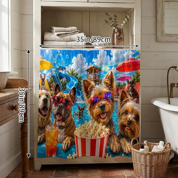 Summer Dog Cabinet Dishwasher Hidden Curtains, Privacy Closet Door Curtain, Summer Fantasy Pets Juice Popcorn Pool Country Adhesive Dust Proof Under Sink Skirt for Bathroom Kitchen 35"x35"