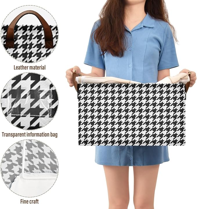 Black and White Houndstooth Classic Storage Basket Foldable Cube Storage Bins with Handles&Labels Waterproof Collapsible Organizer Box Bin Large Rectangle Decorative Baskets for Shelves Home Room, 2PC