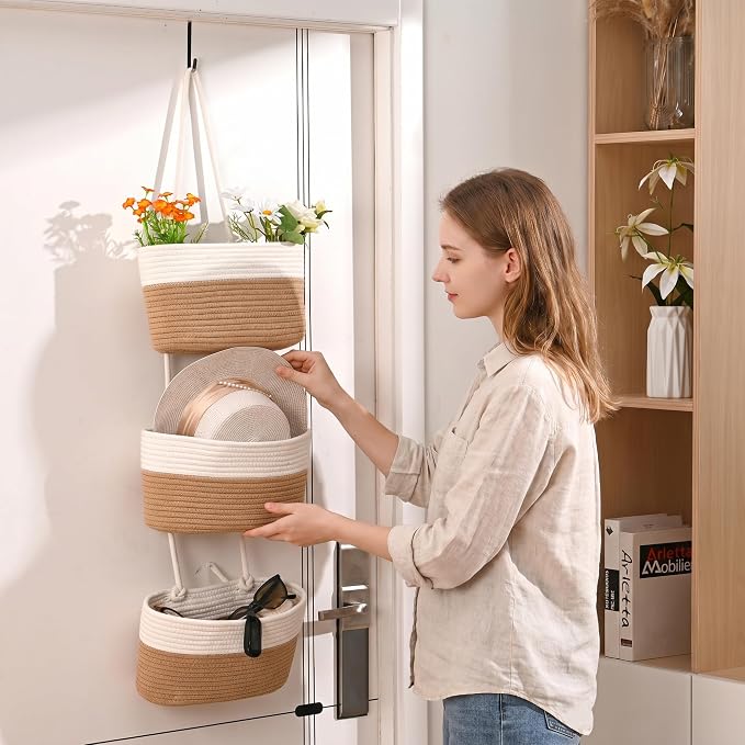 ICERZCZ Hanging Baskets for Organizing 3-Tier Wall Basket Khaki & Off White | Over the Door Decorative Storage Organizer, Nursery Decor Organization, Baskets for Entryway Playroom Bathroom Closet