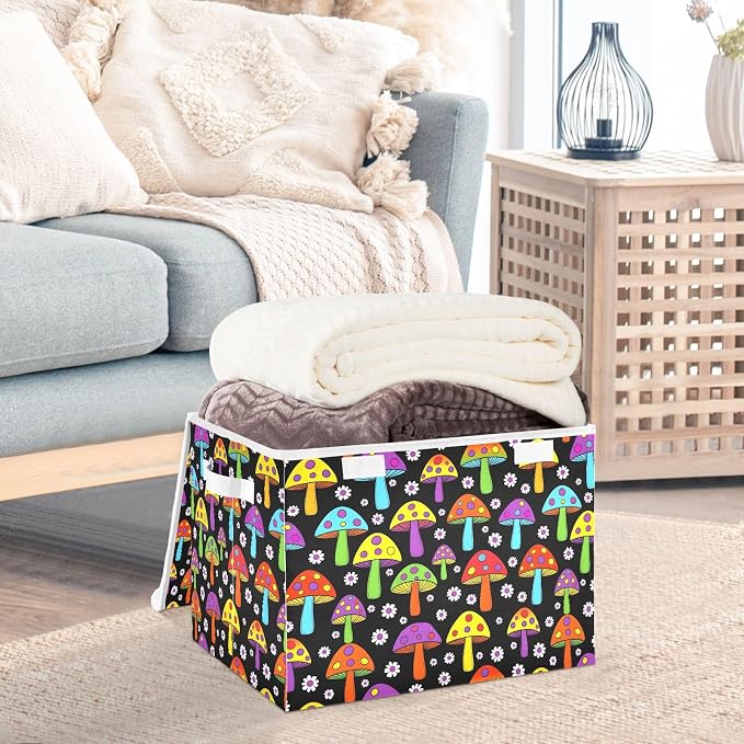 Mushroom Floral Storage Bin Foldable Collapsible Fabric with Lid Handles | Decorative Storage Boxes, 300D Oxford Cloth, Hollow Board Frame, Flip Top Velcro Lid, 16.5x12.6x11.8 inch, Collapsible Design