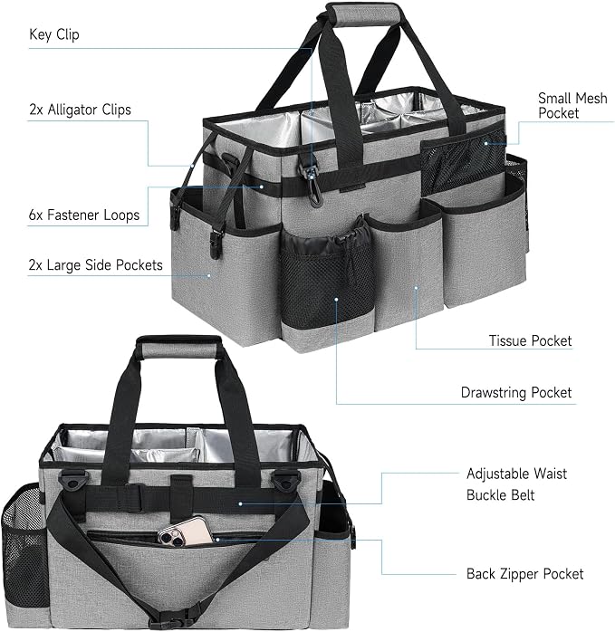 Cleaning Caddy Bag, Large Cleaning Bag for Housekeepers, Rose Gray | Cleaning Caddy Organizer for Cleaning Supplies with Handle and Adjustable Shouder Strap, Easy to Clean & Heavy Duty Design