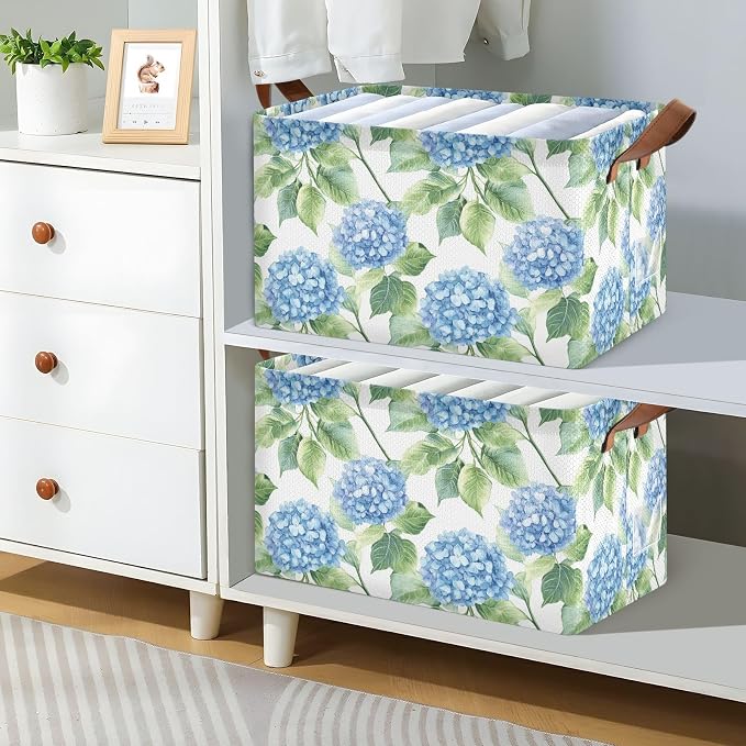 Watercolor Blue Hydrangea Flowers Storage Bins for Shelves with Labels&Handles Fabric Organizer Bin Foldable Rectangle Storage Basket Boxes for Closet, Bathroom, Home, Living Room