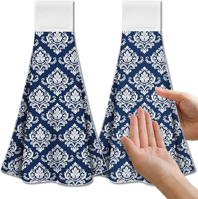 CUTHOLLOW Blue Retro Damask Hanging Kitchen Towels with Loop, Set of 2 - Soft & Super Absorbent Microfiber Decorative Hanging Dish & Hand Towel, Tea, Coffee Towel for Kitchen Bathroom Oven Handle