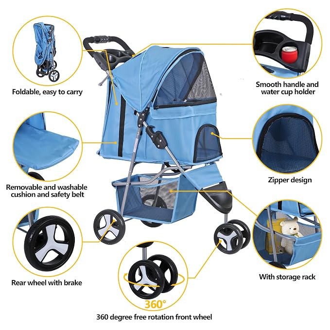 3 Wheels Dog Stroller Folding Pet Strolling Cart for Small Medium Cats Puppies Portable Jogger Travel Camping Puppy Carrier with Storage Basket Cup Holder, Blue