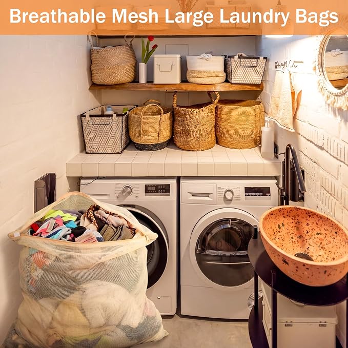 SATINIOR 2 Pack Extra Large 100% Cotton Mesh Laundry Bags 43 x 35 Inch Jumbo Cotton Mesh Large Delicate Bags with Sturdy Zippers Washing Machine Bag for Coats, Blankets, Bedding, Toys, Pet Items