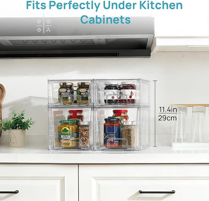 Vtopmart Clear Stackable Storage Drawers, 4 Pack Kitchen Cabinet Set | Medium and Small Pull-Out PET Drawers with Stackable Design for Kitchen Cabinets, Pantry, Under Sink, Medicine