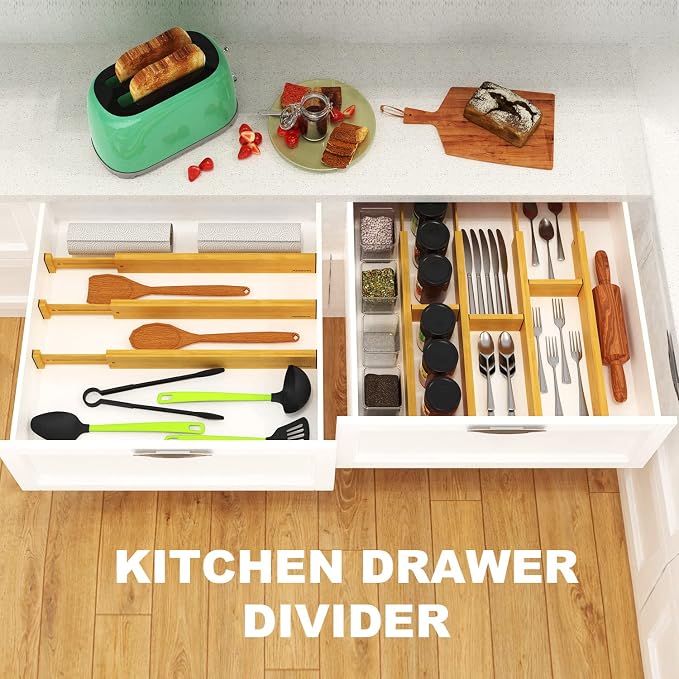 Bamboo Drawer Dividers, Expandable Drawer Separators Splitter, 17-22 inches Adjustable Spring-loaded Organizer for Large Utensil, Clothes, Tools Drawers, 6 Pack Dividers + 4 Pack Baffle