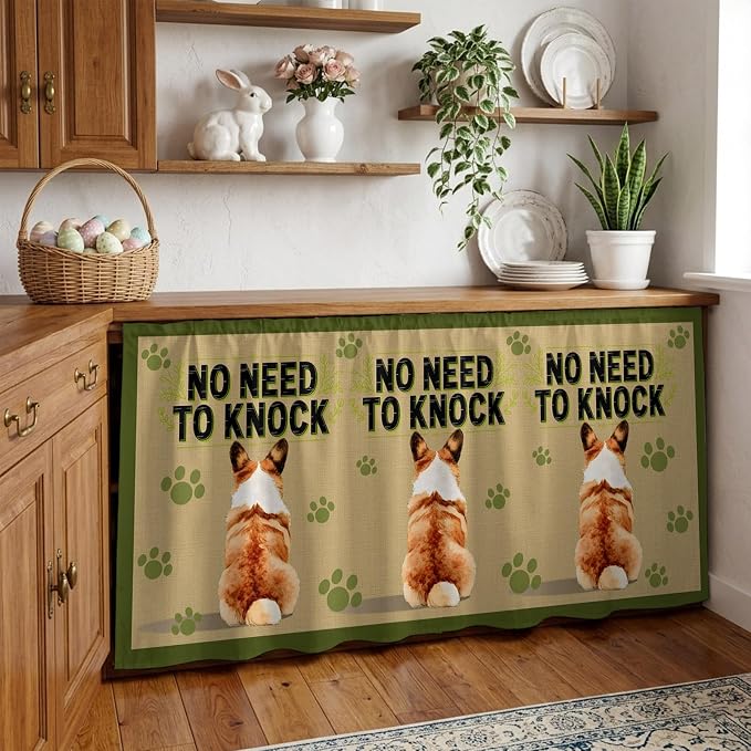 NO Need to Knock Cabinet Curtains 28"x51" Sink Skirt for Bathroom Kitchen, Corgi Dog Paw Prints Pet Lover Farmhouse Self Stick Adhesive Under Desk Covers Tall Laundry Cabinet Storage Organizer