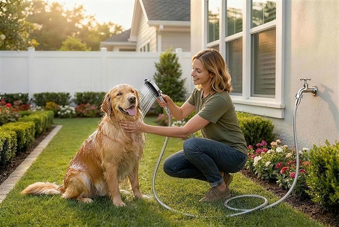 G-Promise 3 Mode Dog Shower Attachment with Pause Mode, Dog shower Sprayer with 118 Inches Stainless Steel Hose, Metal Diverter, Adhesive Holder, for Fast and Easy Dog Bathing and Cleaning(Chrome)