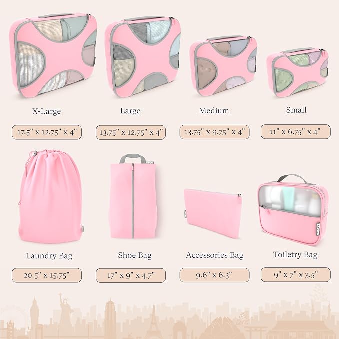 Shacke 8 Set Packing Cubes for Travel, Shoe & Toiletry Bags (Summer Pink) | Complete Suitcase Organizer Bags Set: 4 Luggage Packing Cubes + Laundry, Shoe, Toiletry & Accessories Bags for Any Trip