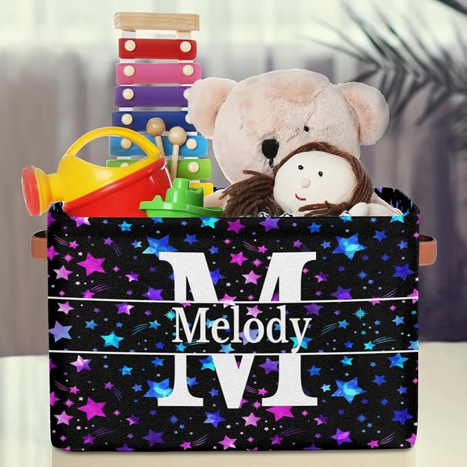 Personalized Name Storage Basket, Blue Pink Stars with Initial Letter
