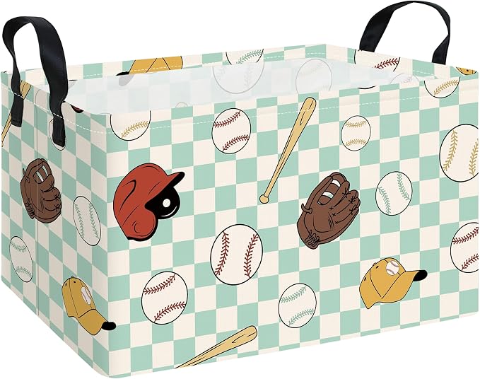 Rectangular Collapsible Storage Basket Toy Organizer Green Grid Baseball | Storage Bin Foldable Canvas with Handles for Organizing Home Kitchen Children Toys Office Closet Shelf Baskets