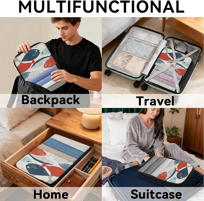 TropicalLife Cute Boho Fish 6 Set Compression Packing Cubes | Compressible Expandable Luggage Suitcase Organizer Bags Space Saver Bags for Carry on