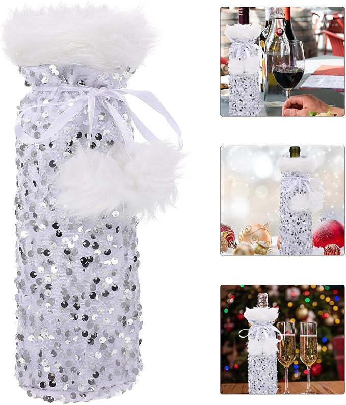 DECHOUS Wine Pouch Bottle Silver Cover Christmas Plush with Bag Pet Material, Decorative Drawstring Wine Bottle Storage for Holiday Party and Coffee Shop Use