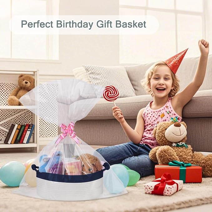 COMSE Small Gift Basket Empty with Bag & Ribbons, Navy Blue & White | Cotton Rope, 12"x 8"x 5", Pet Toy Storage Organizer, Woven Basket for Birthdays, Baby Showers, Mother’s Day, Valentine’s Day