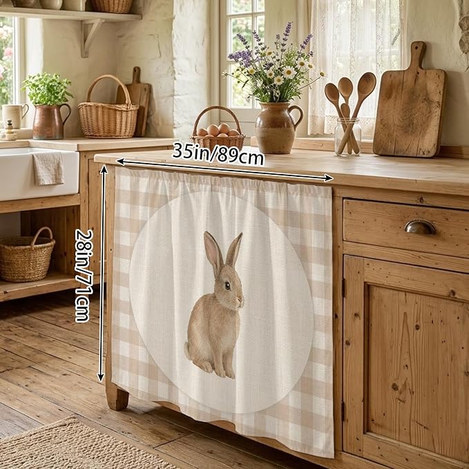 Rabbit Plaid Oven Skirt Curtain for Kitchen Decor 28"x35", Rustic Farmhouse Checkered Retro Animal Self Adhesive Stove Curtains Skirt Cabinet Curtains for Bathroom Laundry Room