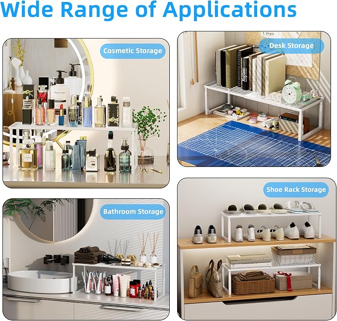 Cabinet Shelves, 2 Pack Stackable Shelves for Kitchen Storage | Expandable & Height Adjustable Cabinet Organizer Shelf | Metal Shelf Organizer | White Spice Rack for Pantry Storage
