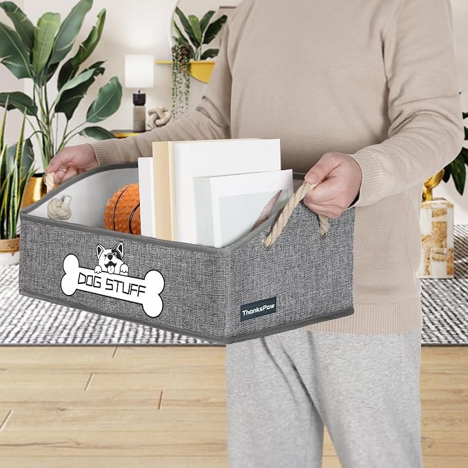Dog Toy Basket, Storage Bin, Collapsible Box for Pet Accessories | Fabric Container With Handle, Trapezoid Holder for Small Medium dogs, Organizer for Living Room, Light Gray