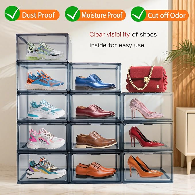 1 Pack Acrylic Grey Shoe Boxes for Flat,Loafer &Small Space, Fit Size 13 | Magnetic Side Door, Space-saving Clear Shoe Storage Boxes, Acrylic Display Case, Shoe Containers for Entryway & Sneaker