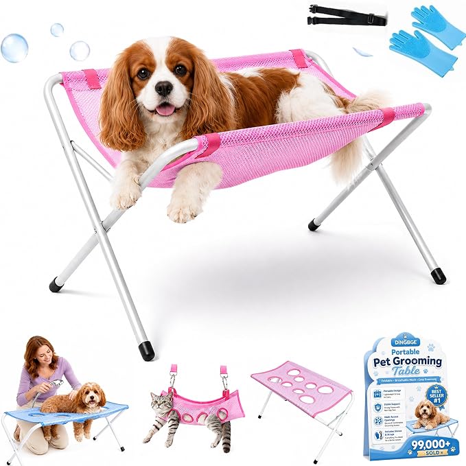 2-in-1 Foldable Pet Grooming Bed Portable Pet Hammock for Dogs and Cats | Eight Hole Quick Dry Mesh Iron Frame Stable Support up to 10kg for Bathing Nail Care and Cleaning(Pink)